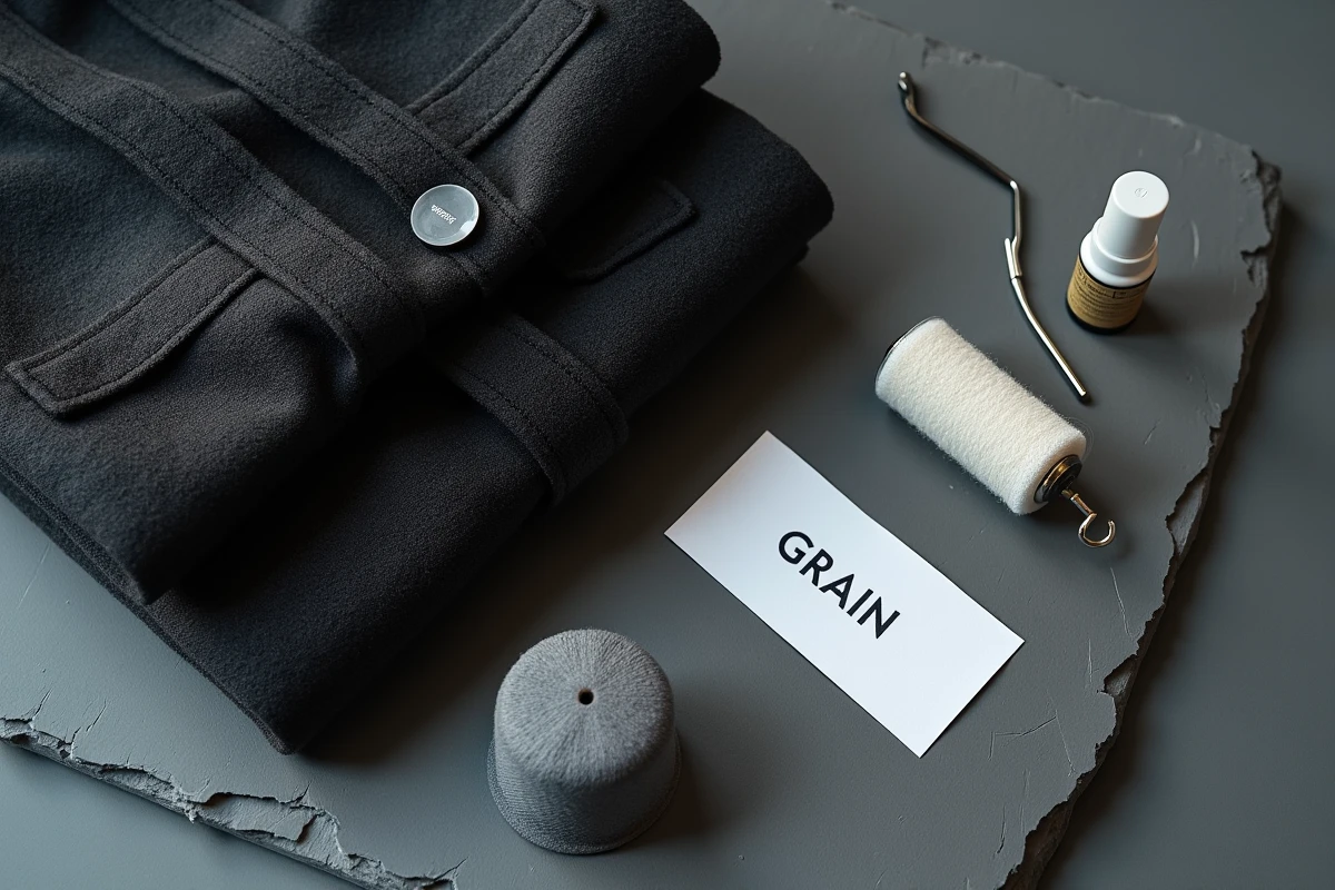 Mise à plat des accessoires d'entretien pour vêtements GRAIN d3 Malice : rouleau à peluches, filet de lavage et veste technique pliée sur ardoise grise