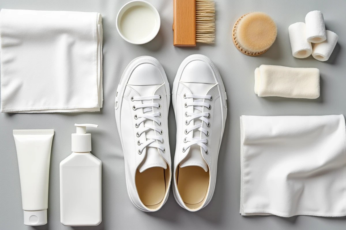 Disposition à plat des accessoires pour nettoyer des Converse blanches en cuir sans traces