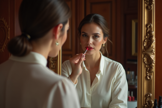 Actrice appliquant rouge à lèvres dans un dressing élégant