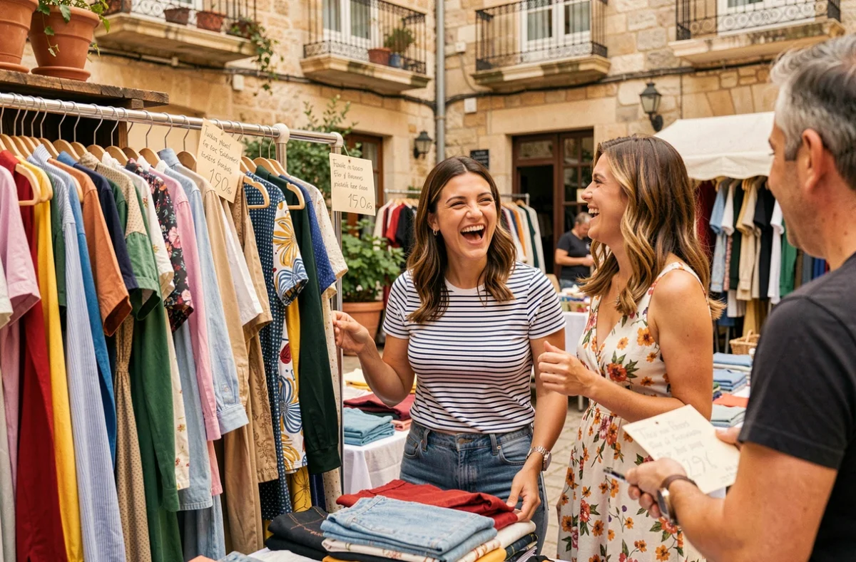Deux amies négociant des vêtements d'occasion avec un vendeur à la braderie de Montpellier