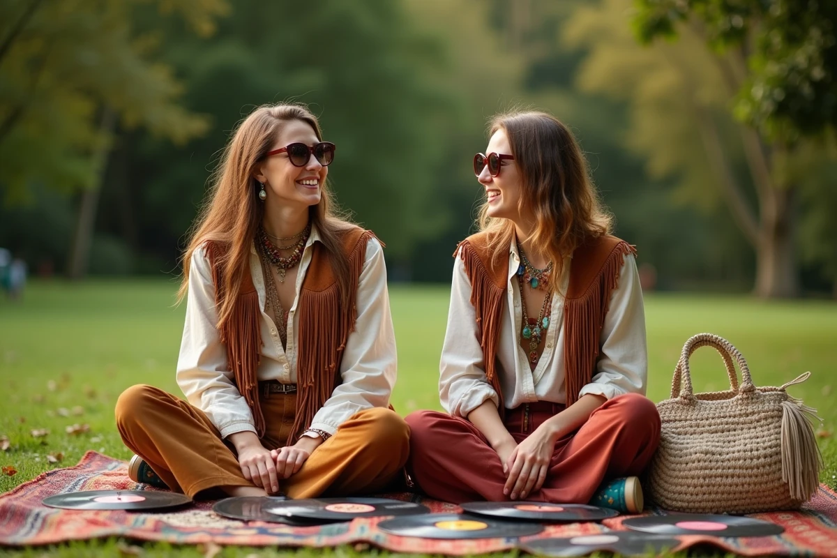 Deux amis en tenue hippie années 70 avec vestes à franges et pantalons pattes d'éléphant assis sur un tapis dans un parc
