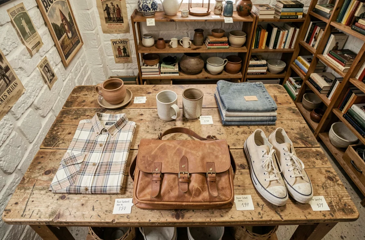 Sélection d'articles vintage disposés en flat lay dans une friperie picarde, avec étiquettes de prix artisanales