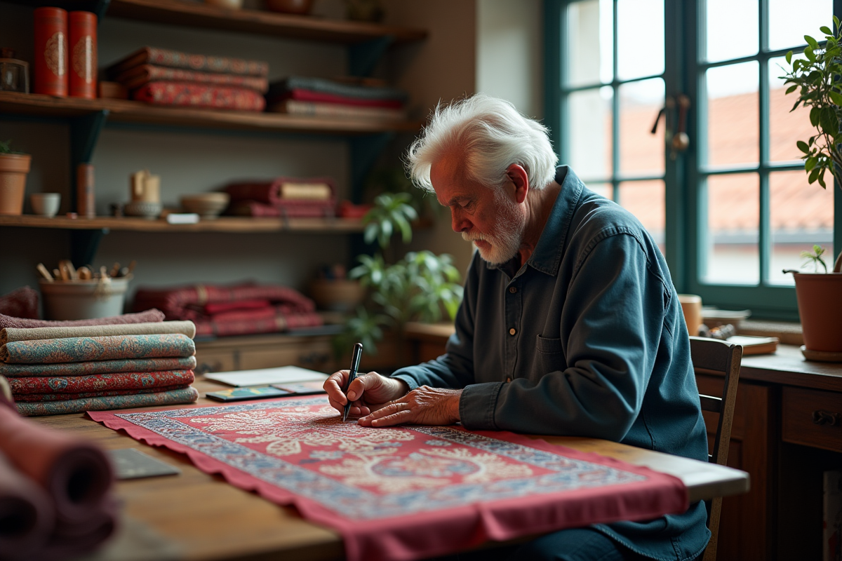 Artisan créant un foulard en atelier avec textiles colorés