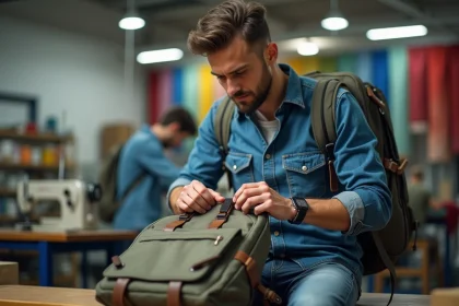 Jeune homme examine un sac &agrave; dos dans un atelier industriel