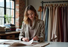 Textile : comment valoriser votre entreprise de mode avec style ? Femme élégante en atelier mode vérifiant des tissus