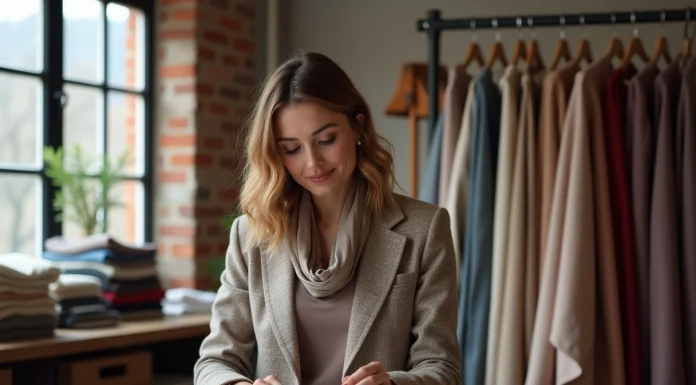 Femme élégante en atelier mode vérifiant des tissus