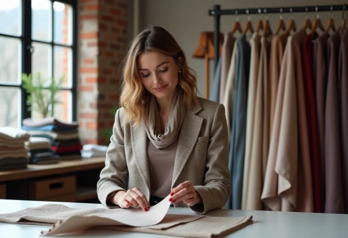 Femme élégante en atelier mode vérifiant des tissus