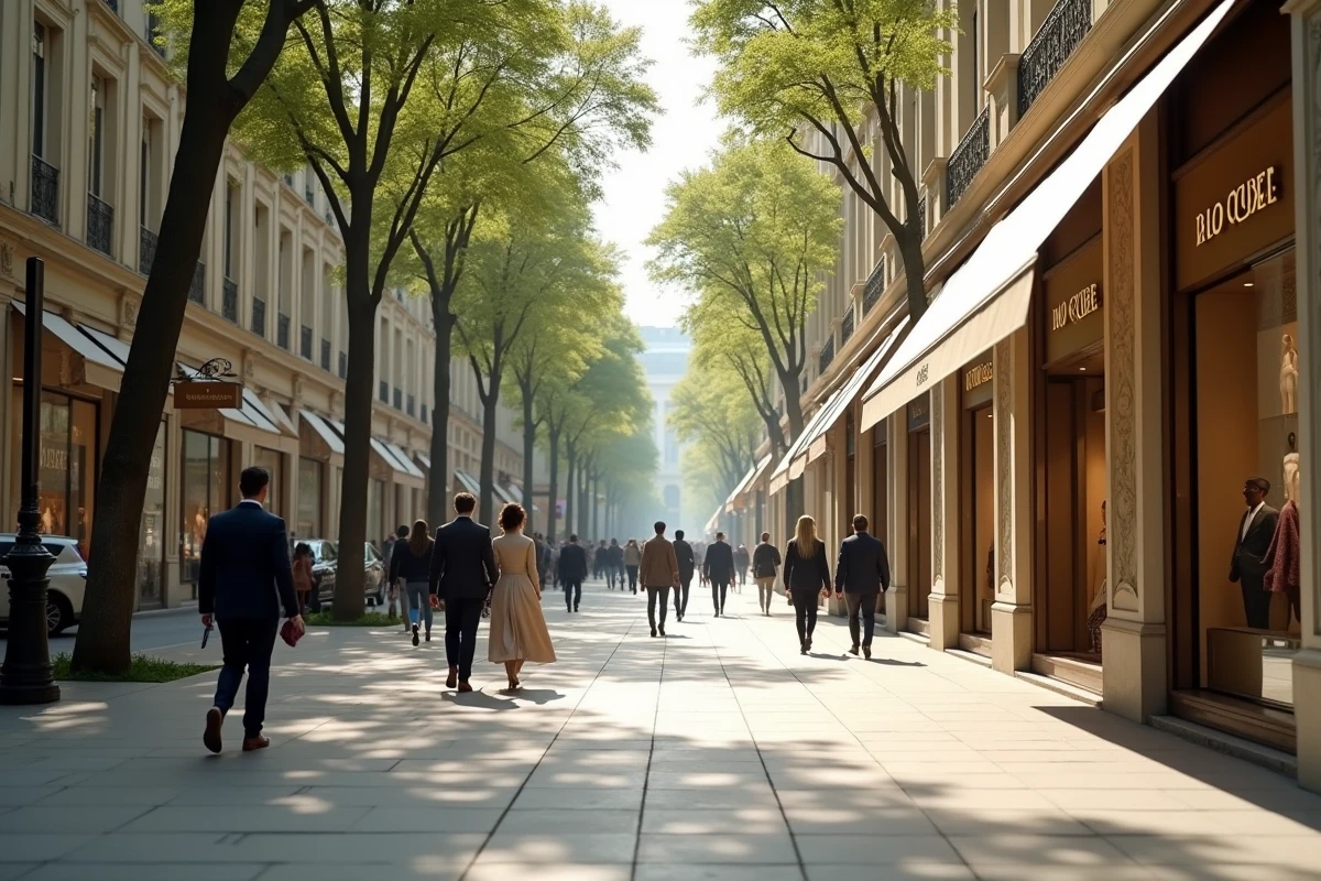 Vue de l'Avenue Montaigne avec ses boutiques de luxe et ses promeneurs lors d'un week-end parisien