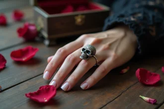 Bague de fiançailles tête de mort en argent portée au doigt sur fond de pétales de roses séchées et boîte à bijoux vintage