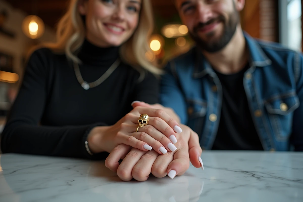 Couple tenant leurs mains entrelacées montrant une bague de fiançailles tête de mort en or avec diamant dans un café moderne