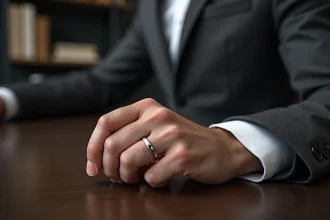 Homme en costume portant une bague au petit doigt de la main gauche posée sur un bureau en bois