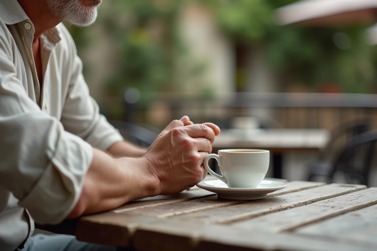 Homme mature portant une chevalière au petit doigt à la terrasse d'un café méditerranéen