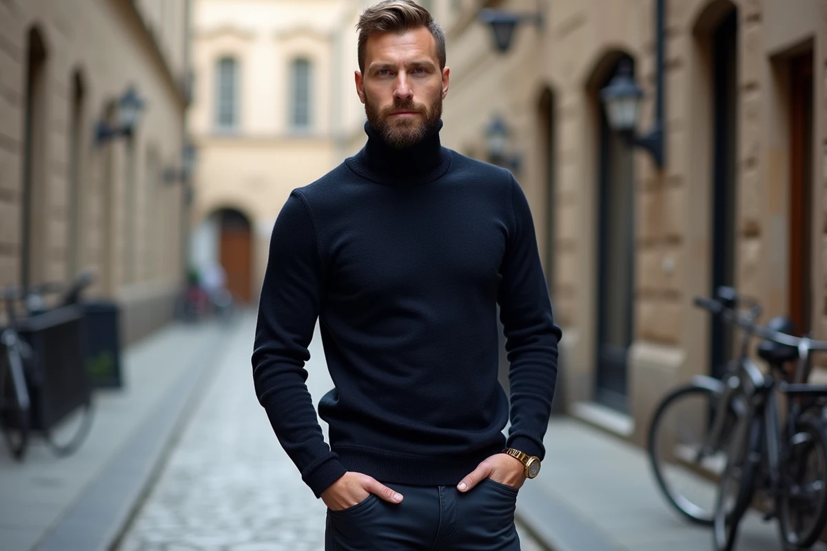 Homme barbu avec une bague dorée au petit doigt dans une rue pavée européenne