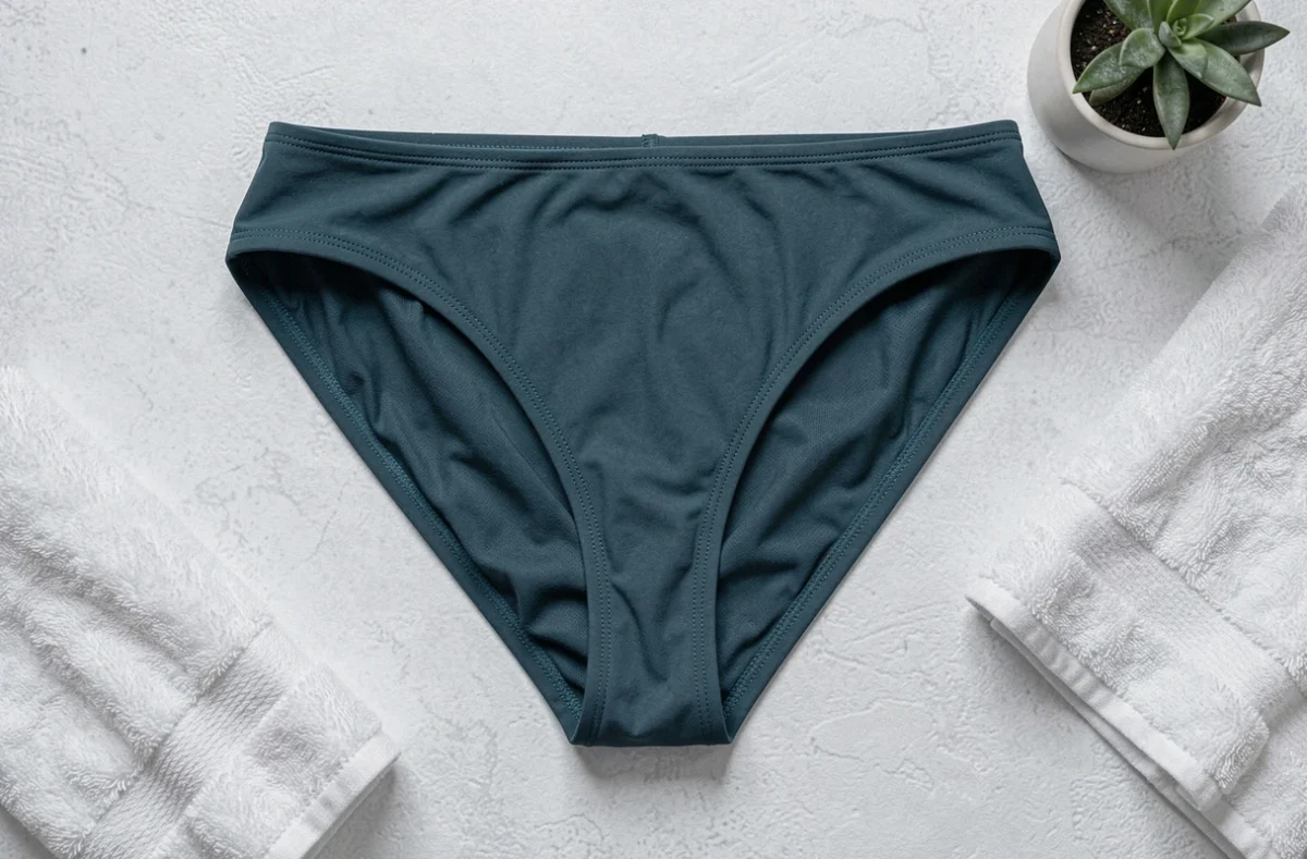 Bas de maillot de bain menstruel vert canard présenté à plat avec détail du tissu et des coutures