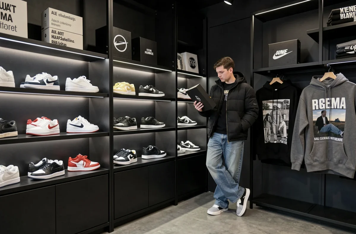Intérieur sombre et stylé du Blackstore Alma à Rennes avec sneakers premium et collections multimarques streetwear en exposition