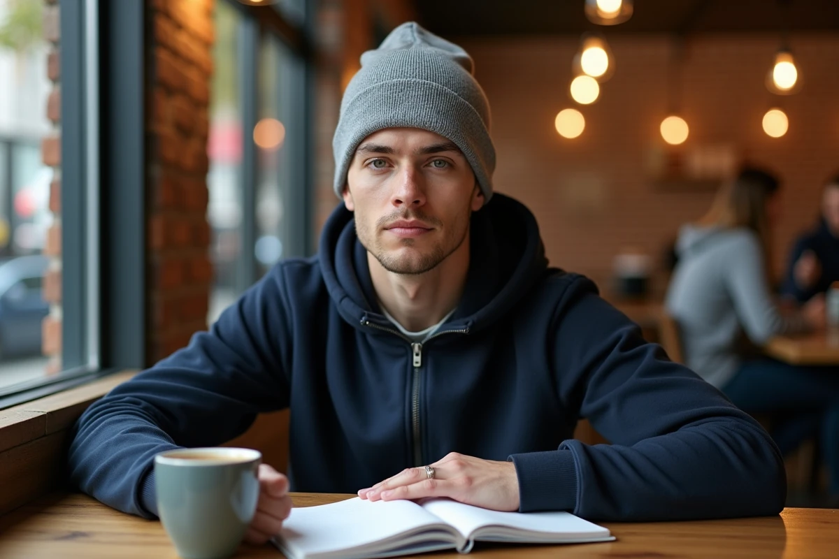 Homme en bonnet en coton gris côtelé assis dans un café avec un carnet et un café