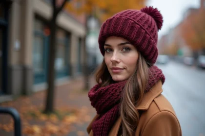Femme portant un bonnet en laine bordeaux tricoté à la main, en automne dans une rue de ville
