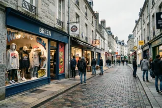 Rue commerçante bretonne avec des boutiques streetwear aux vitrines colorées mêlant architecture en granit et culture urbaine
