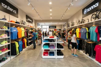 Intérieur d'une boutique de vêtements de sport dans le Nord avec rayons de vêtements et chaussures de sport