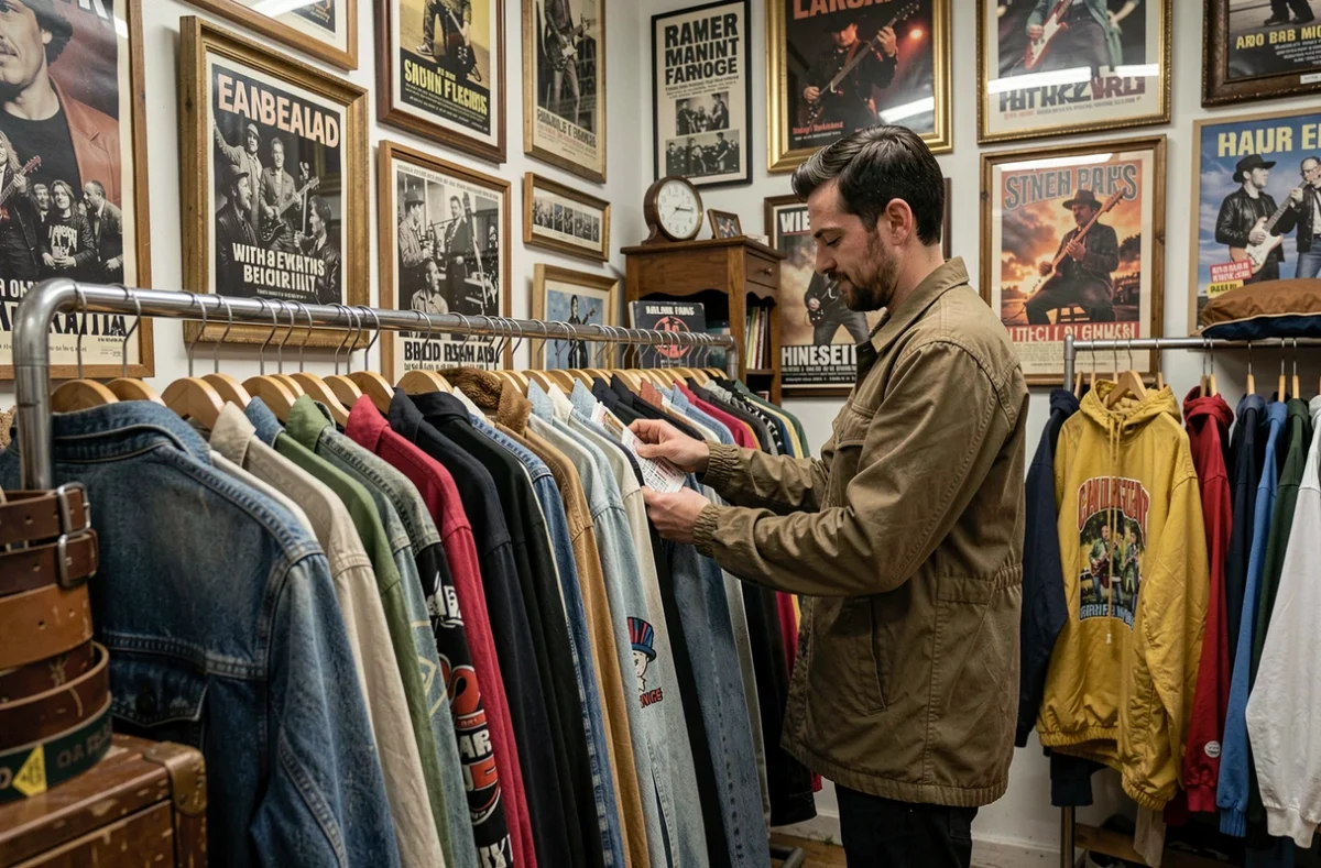 Boutique Bozar Vintage avec des vestes en jean et tee-shirts de collection entassés sur des rails métalliques