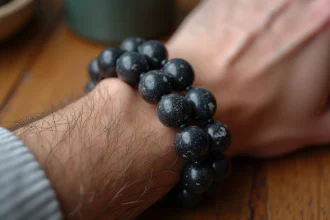 Bracelet en pierre naturelle lava rock et onyx mat porté au poignet d'un homme sur une table en chêne brut