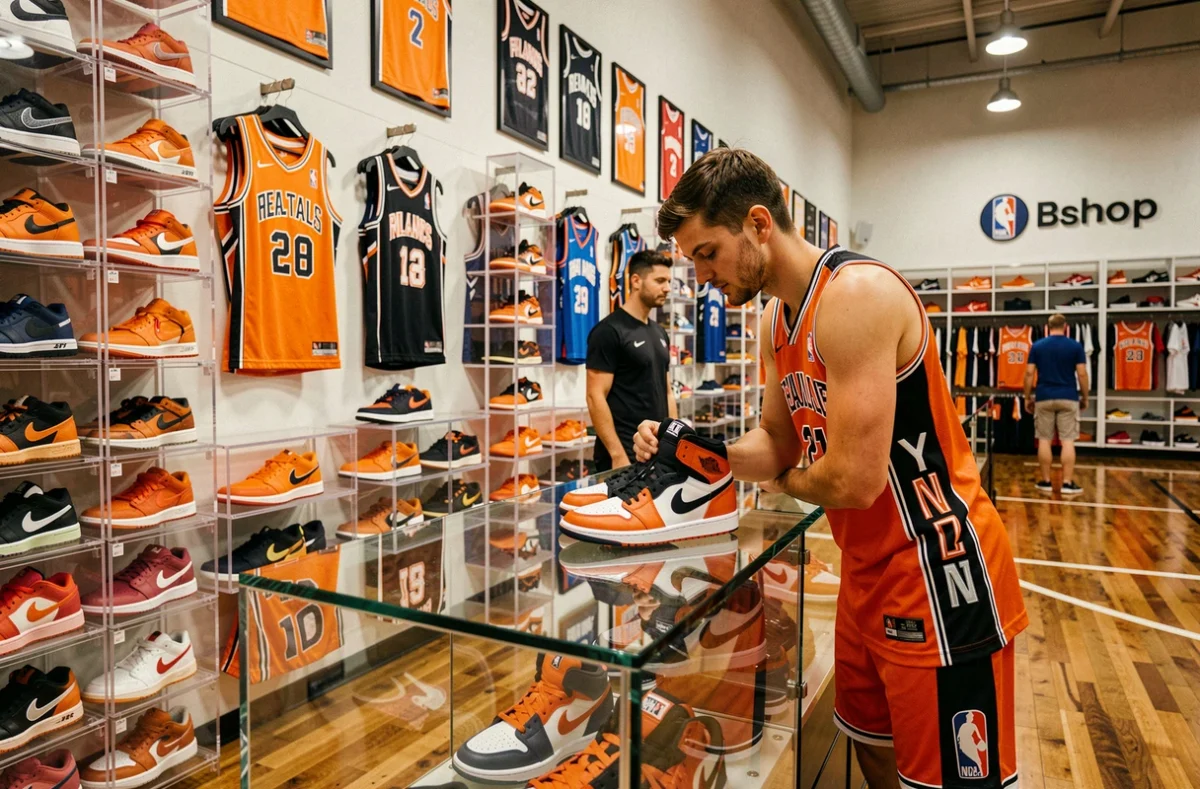 Intérieur de Bshop Basketball à Lille avec mur de sneakers NBA, maillots de basketball et client passionné