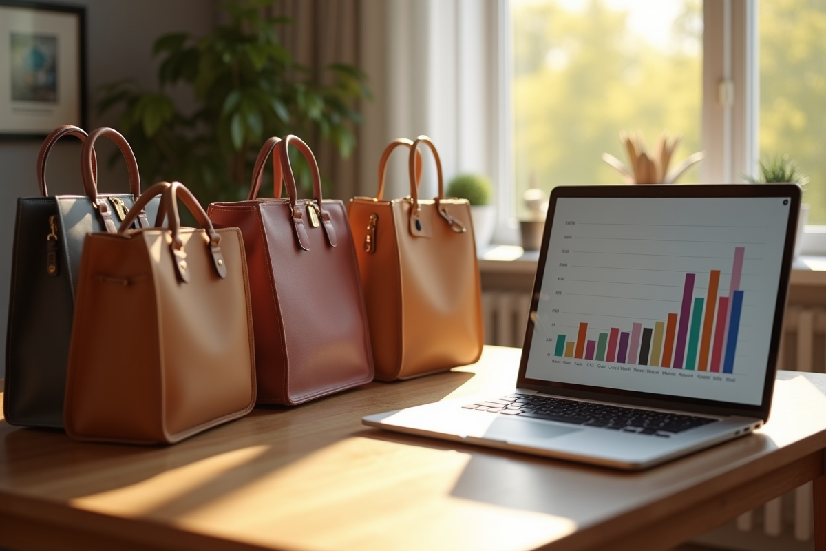 Bureau en bois avec sacs et ordinateur pour calculs
