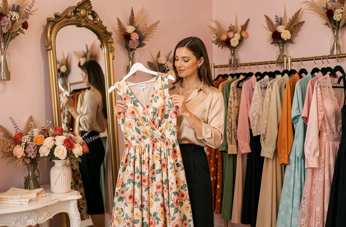 Caprice Vintage Shop avec une cliente essayant une robe fleurie des années 1960 devant un miroir doré