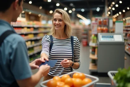 Femme utilisant sa carte de fidélité Armor Lux Intermarché à la caisse d'un supermarché