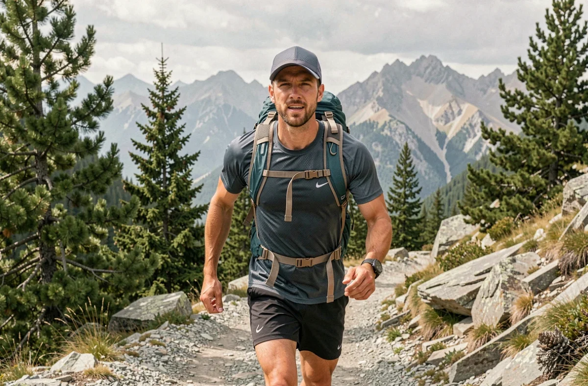 Homme en randonnée en montagne portant une casquette technique ajustable adaptée au sport outdoor
