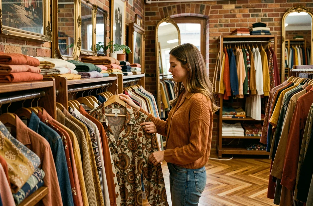 Intérieur de Central Vintage Shop avec des vêtements rétro soigneusement disposés sur des portants en bois