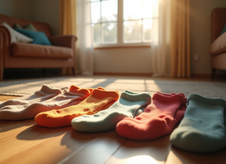 Salon avec chaussettes colorées et ambiance chaleureuse