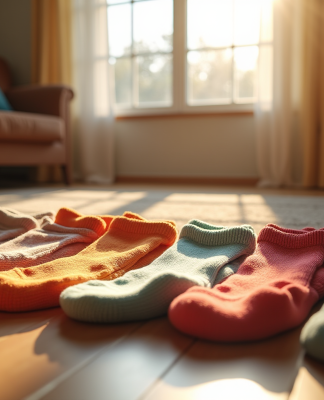 Salon avec chaussettes colorées et ambiance chaleureuse