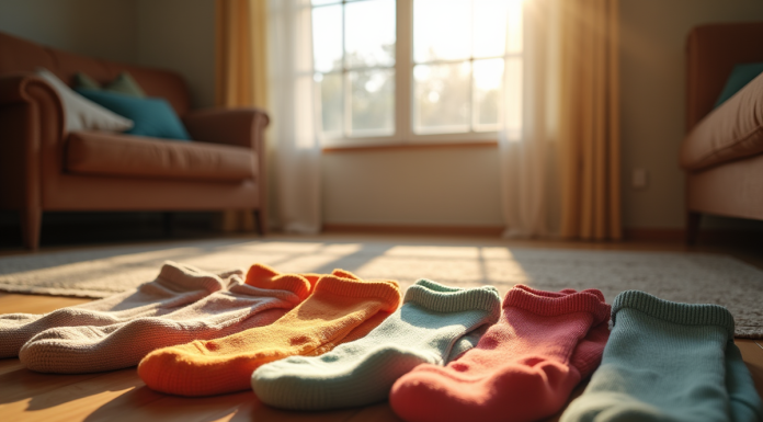 Salon avec chaussettes colorées et ambiance chaleureuse