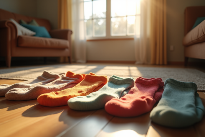 chaussettes-coloriees-confort-salon Salon avec chaussettes colorées et ambiance chaleureuse