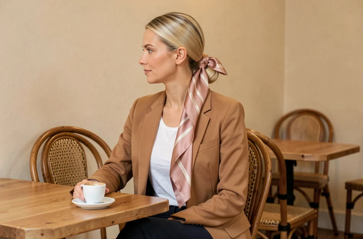 Femme élégante avec un chignon fixé par un foulard en soie rose poudré dans un café parisien, look minimaliste camel et blanc