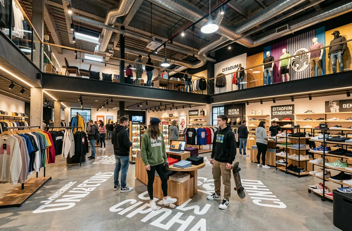 Concept store Citadium à Rennes avec zones multimarques streetwear, sneakers en exposition et jeunes clients dans un espace retail urbain