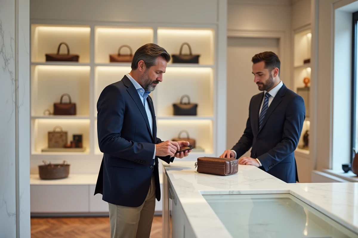 Client homme découvrant un accessoire de luxe dans une boutique de l'Avenue Montaigne à Paris