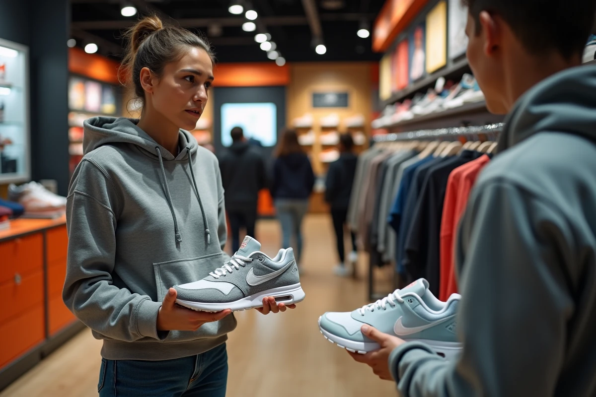Jeune femme consultant un vendeur dans une boutique Nike officielle pour vérifier l'authenticité d'une paire de sneakers achetée