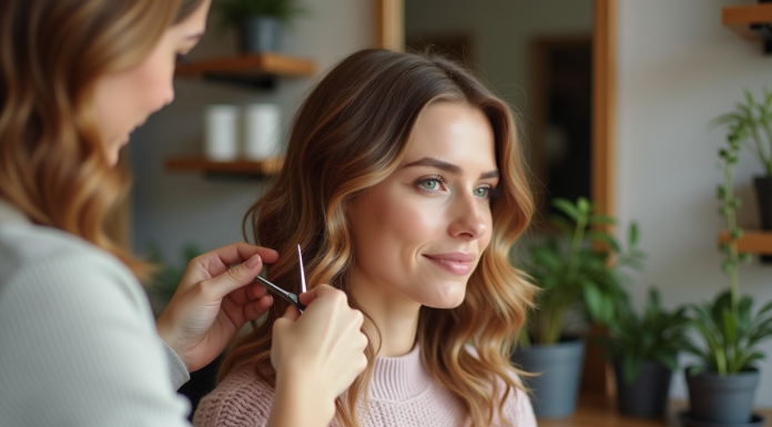 Femme avec coupe ondulée dans un salon cosy