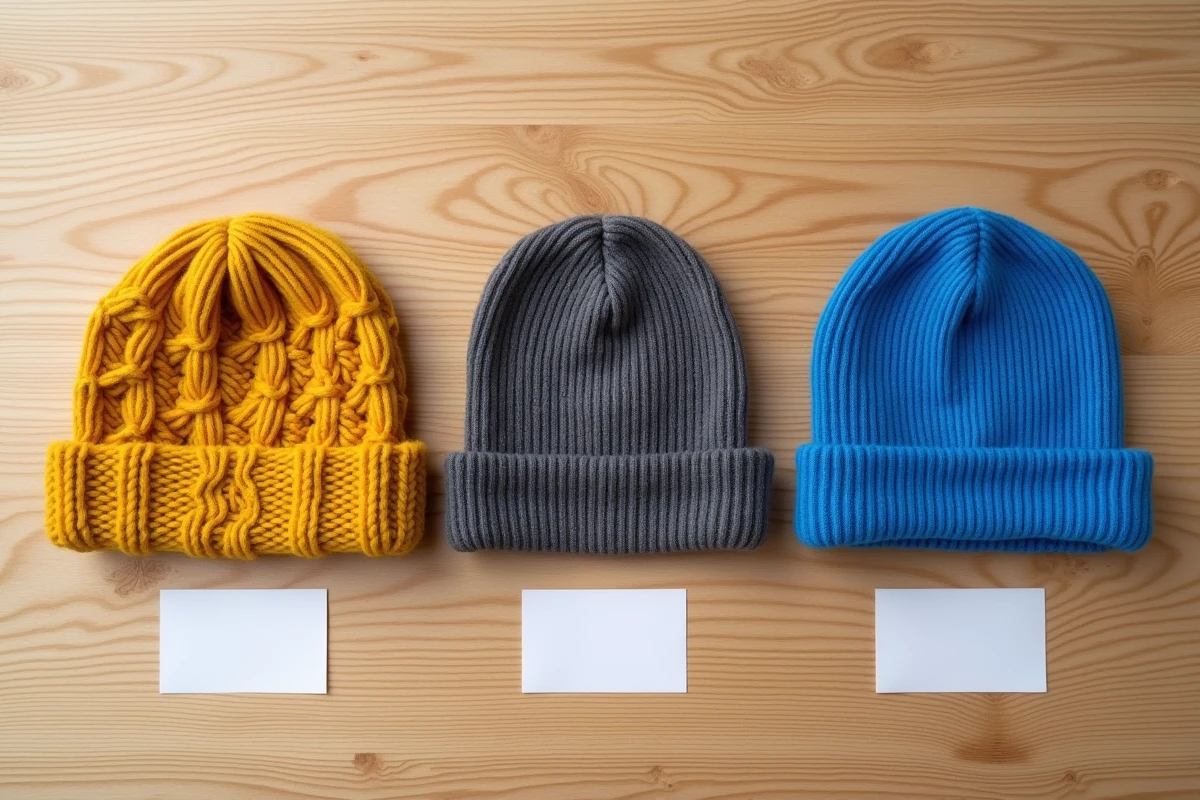 Trois bonnets en laine, coton et acrylique posés à plat sur une surface en bois, comparaison de matières