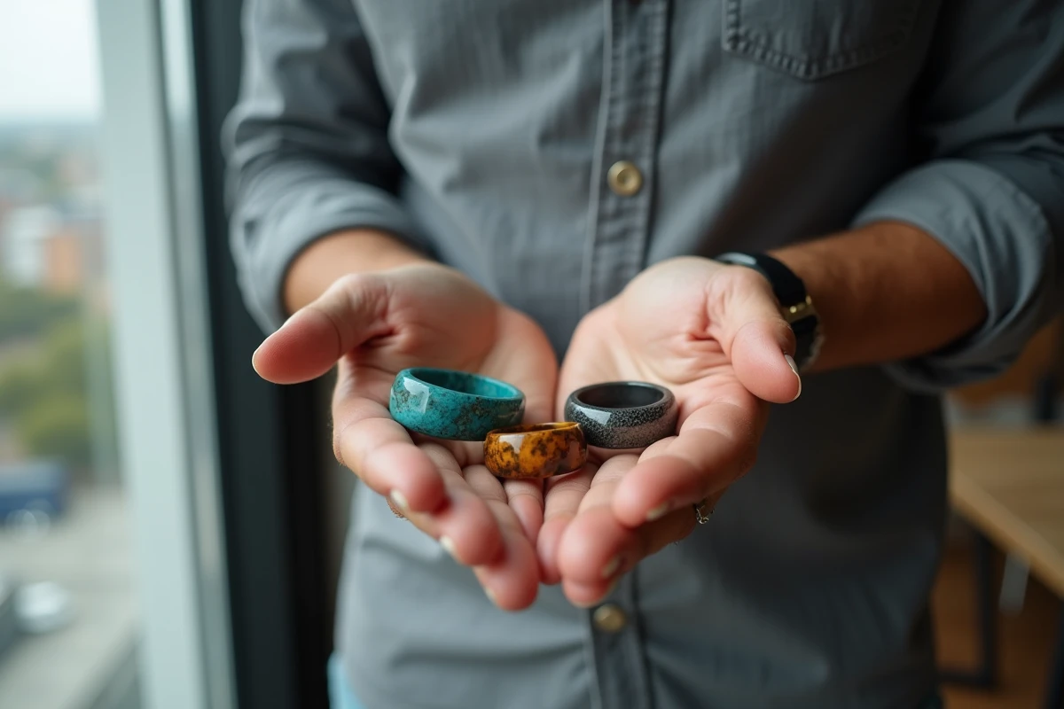 Homme tenant plusieurs bracelets en pierres naturelles dans la main pour les comparer, œil de tigre turquoise et hématite