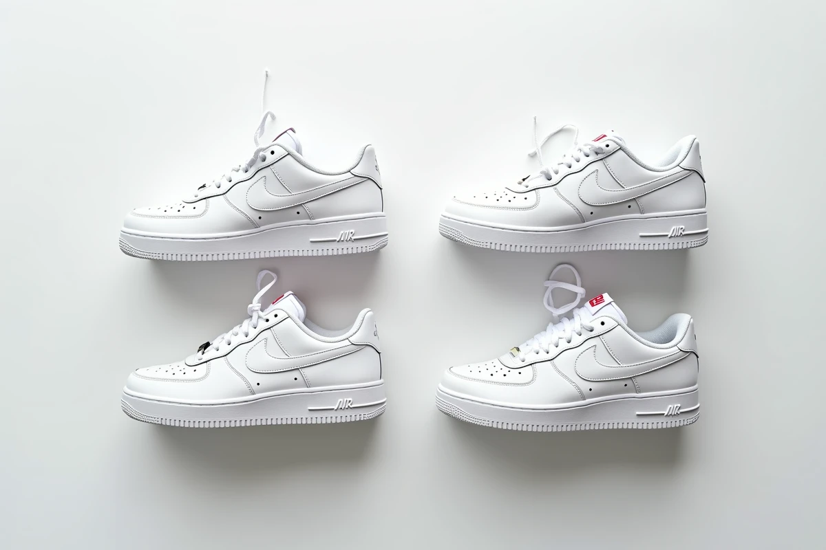 Comparaison côte à côte d'une Nike authentique et d'une contrefaçon, montrant les différences de coutures et de logo sur fond blanc