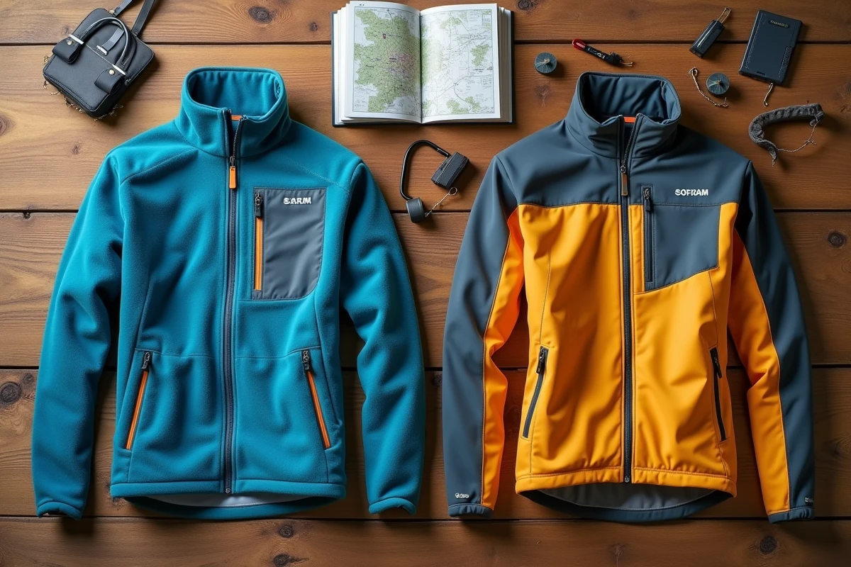 Comparaison à plat de deux vestes polaires outdoor, une spécialisée montagne et une généraliste, sur bois avec accessoires de randonnée