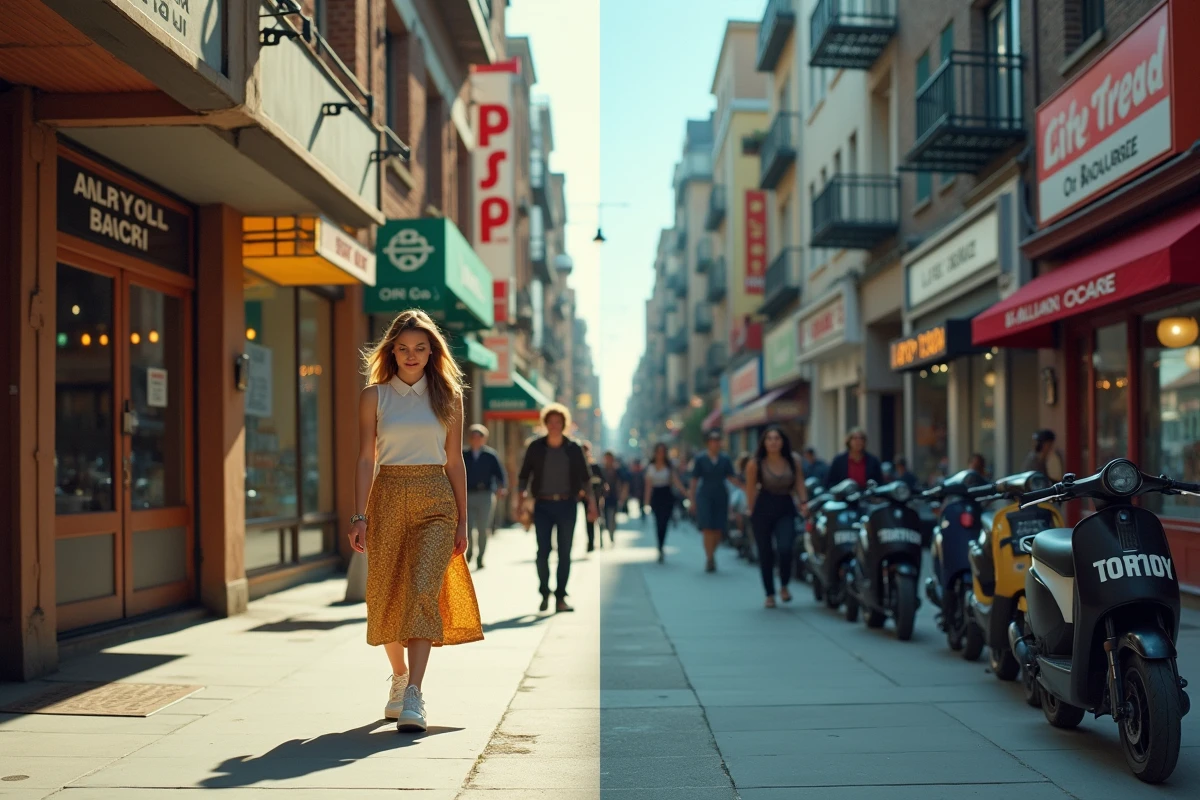 Comparaison visuelle d'une rue urbaine entre les années 70 et 2026, évolution de la mode, des commerces et de la technologie du quotidien