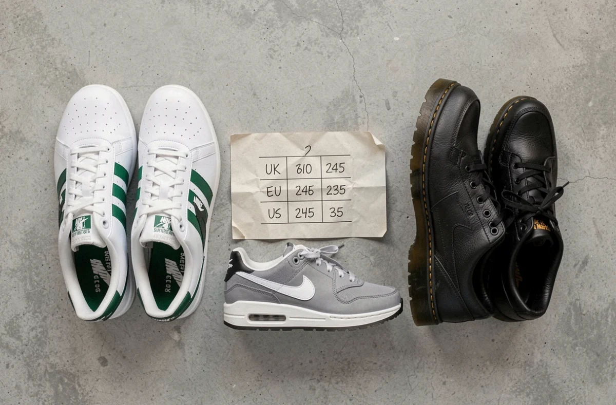 Comparaison de chaussures Adidas Nike et Dr. Martens avec tableau de tailles UK EU US en vue de dessus