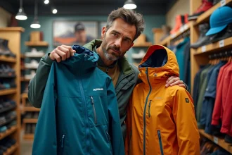 Homme comparant deux vestes outdoor dans un magasin de sport montagne, tenant une veste de marque spécialisée et une veste généraliste face à face
