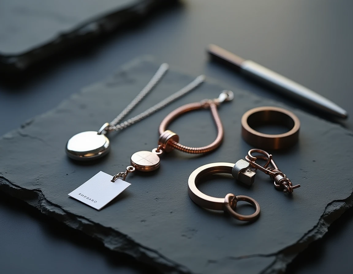 Comparatif de quatre bijoux photo projection en différents matériaux et finitions — argent, or rose, acier inoxydable et bronze — disposés en flat-lay sur ardoise