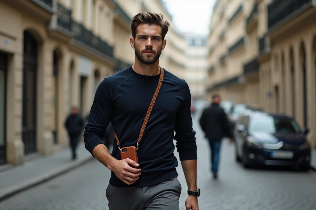 Homme portant son smartphone avec une coque terracotta et un cordon en cuir tressé dans une rue parisienne pavée