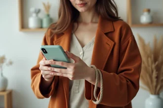 Femme tenant un smartphone avec une coque pastel et un cordon en tissu tendance, dans un appartement minimaliste scandinave